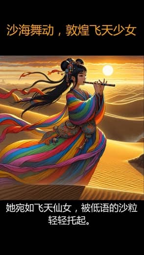 画一个在敦煌沙漠中飞天造型的小女孩